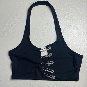 Black tube crop top with crystal safety-pins